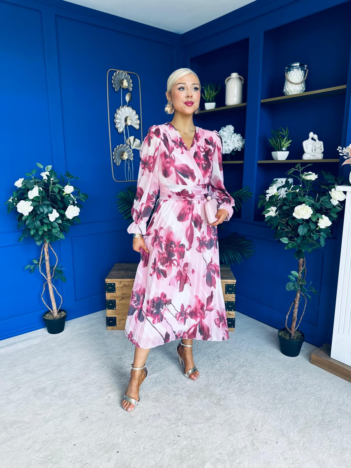 Bailey Pleated Midi Dress Floral Wine