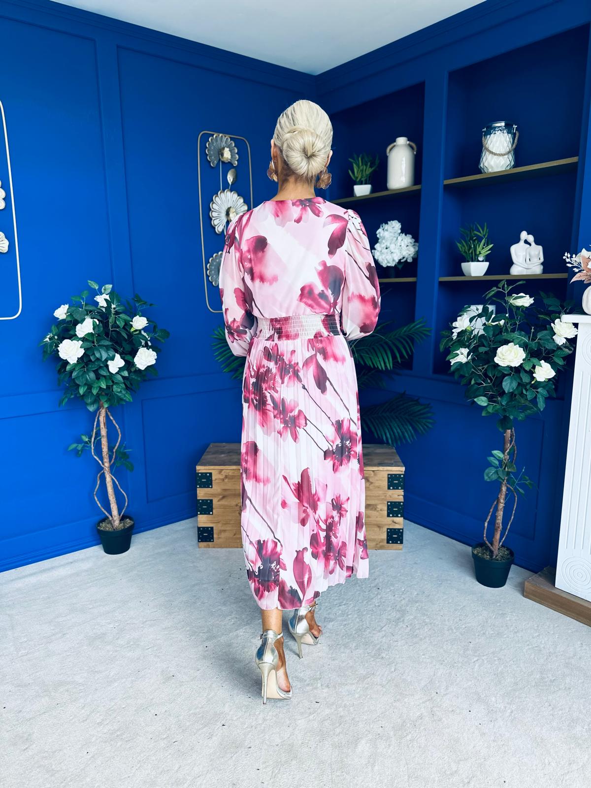 Bailey Pleated Midi Dress Floral Wine