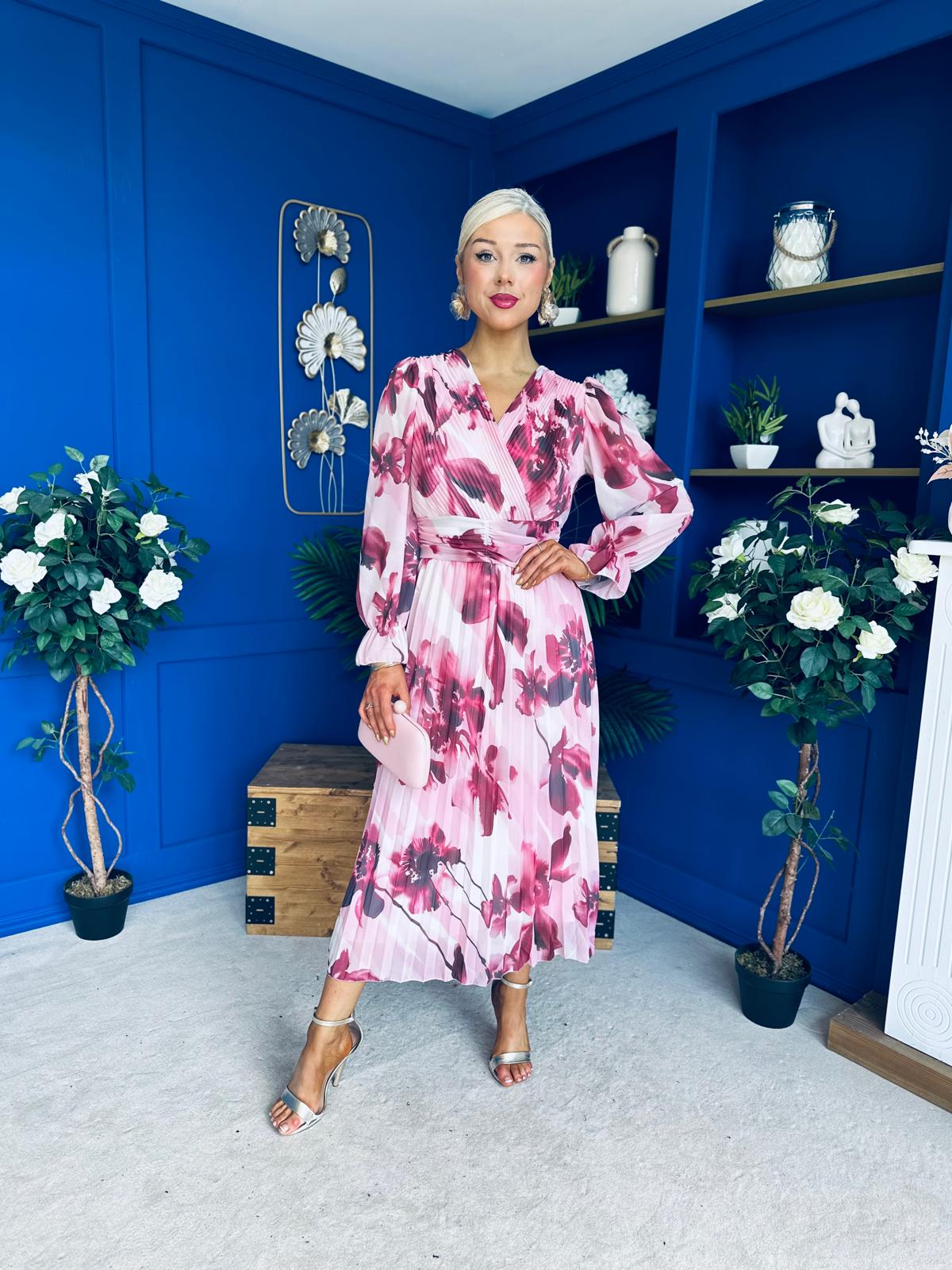 Bailey Pleated Midi Dress Floral Wine