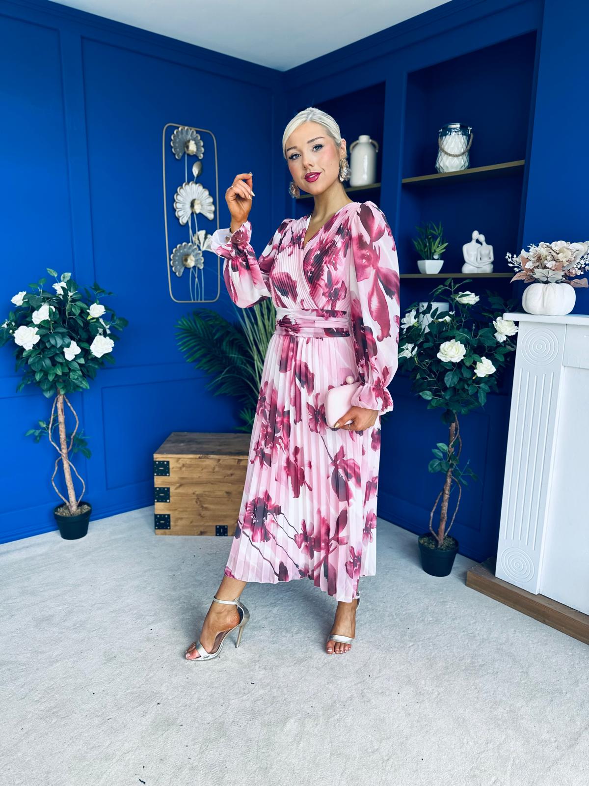 Bailey Pleated Midi Dress Floral Wine