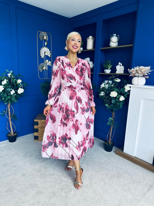 Bailey Pleated Midi Dress Floral Wine