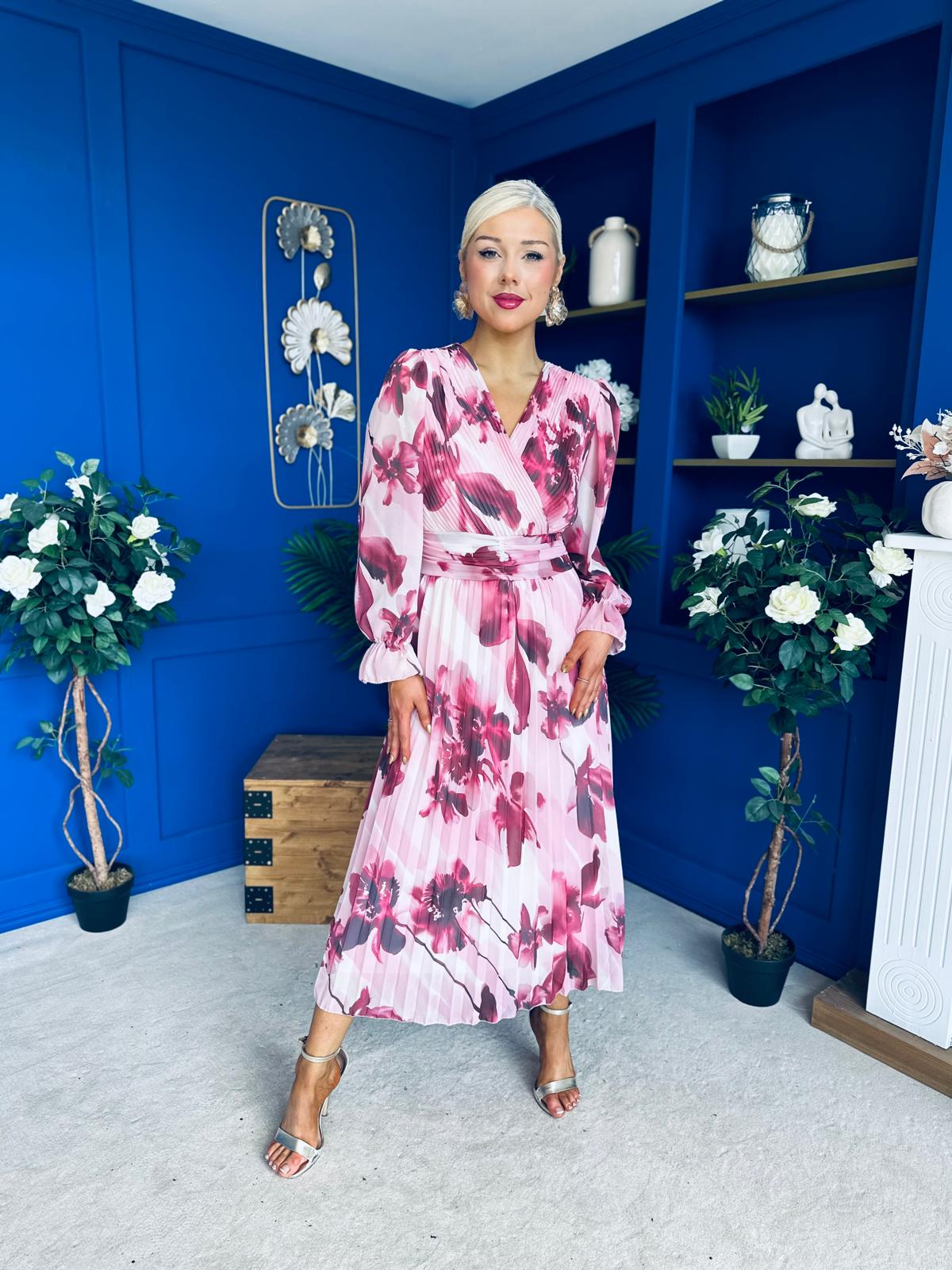 Bailey Pleated Midi Dress Floral Wine