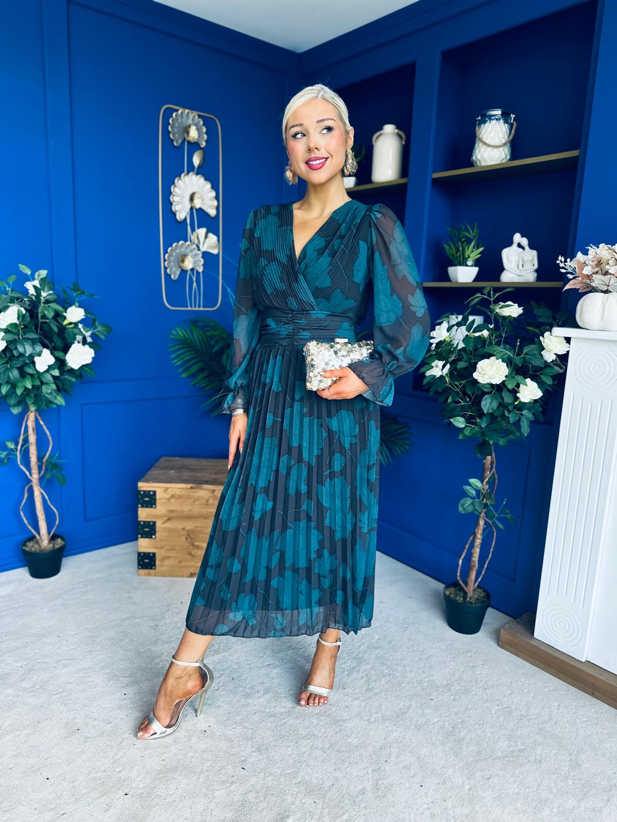 Bailey Pleated Midi Dress Floral Green