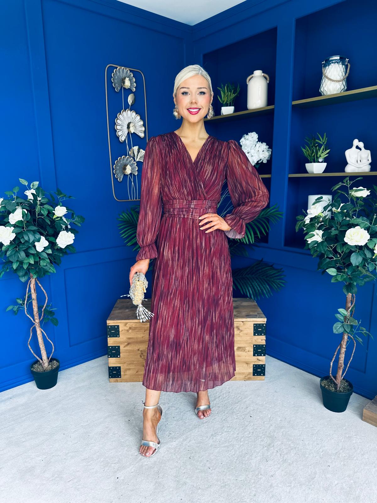 Bailey Pleated Midi Dress Gold Burgundy