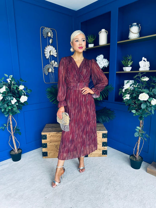Bailey Pleated Midi Dress Gold Burgundy