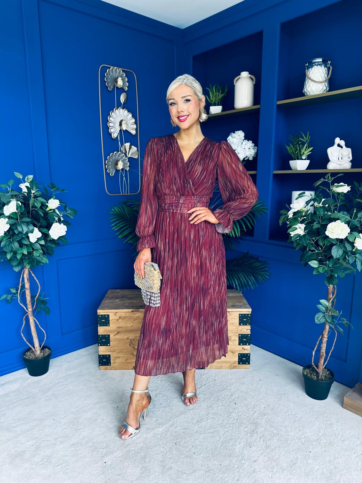 Bailey Pleated Midi Dress Gold Burgundy