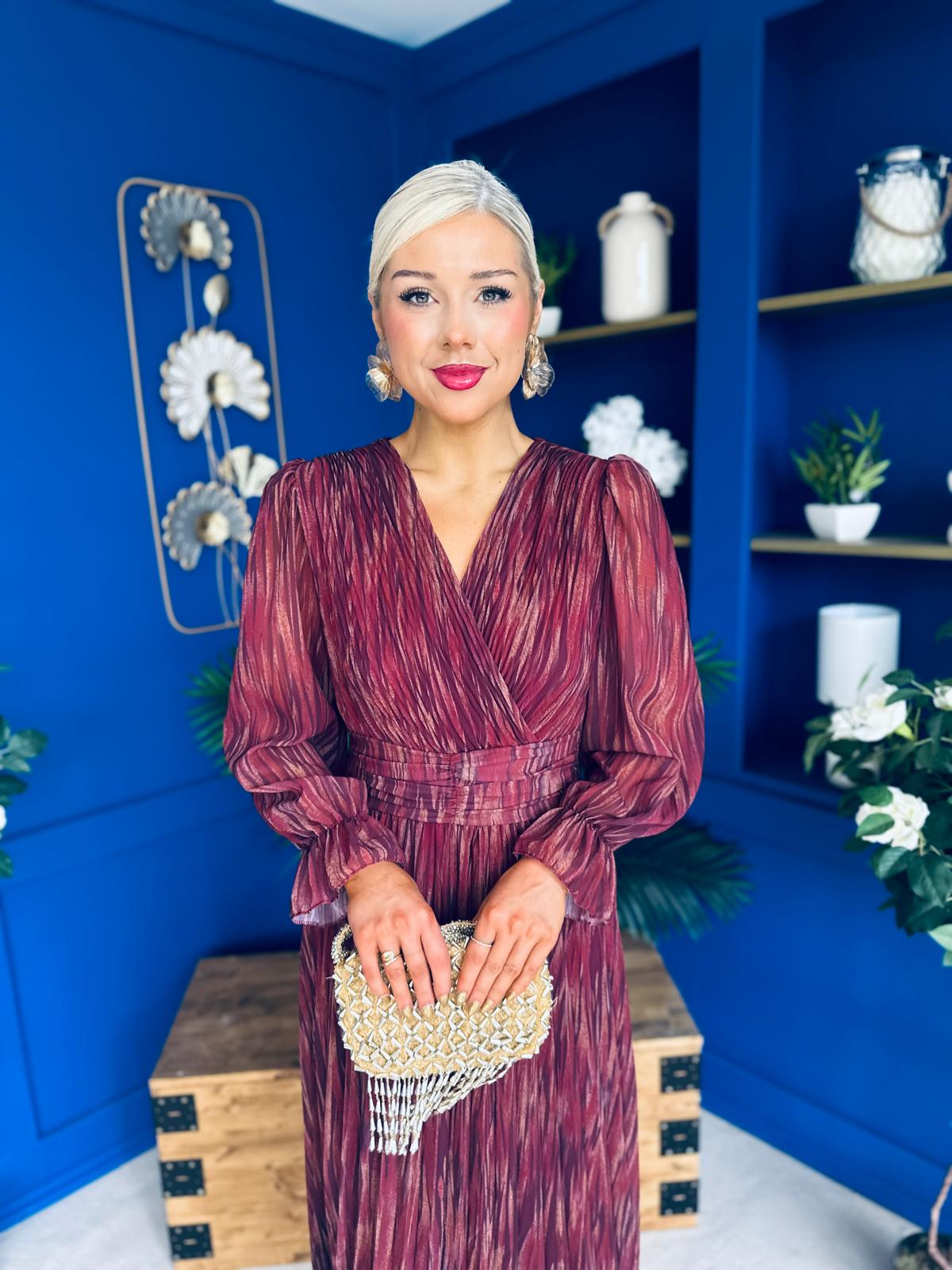 Bailey Pleated Midi Dress Gold Burgundy
