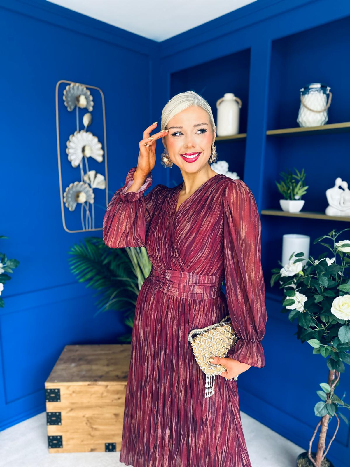 Bailey Pleated Midi Dress Gold Burgundy