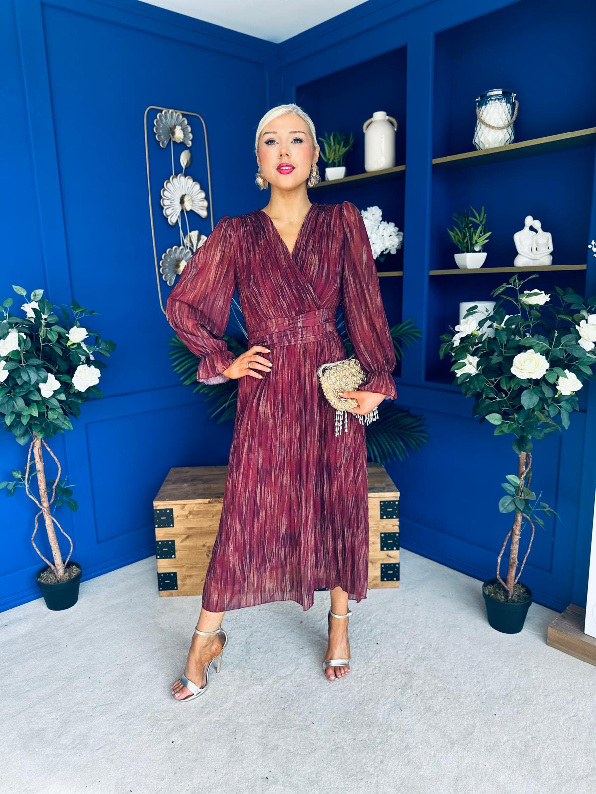 Bailey Pleated Midi Dress Gold Burgundy