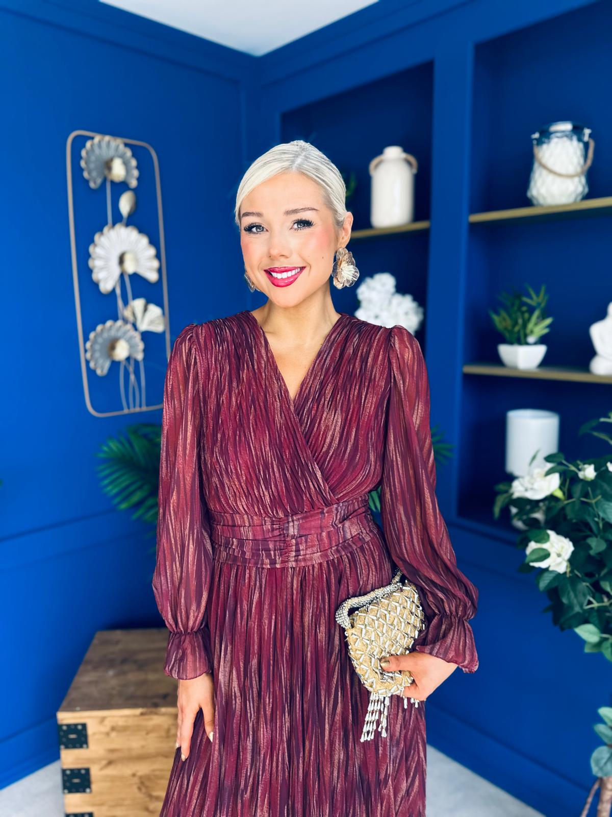 Bailey Pleated Midi Dress Gold Burgundy