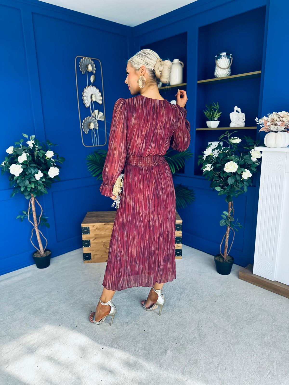 Bailey Pleated Midi Dress Gold Burgundy