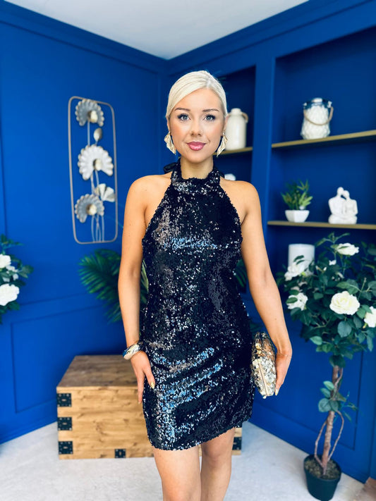 Sandra Halterneck Sequin Mini Dress Black