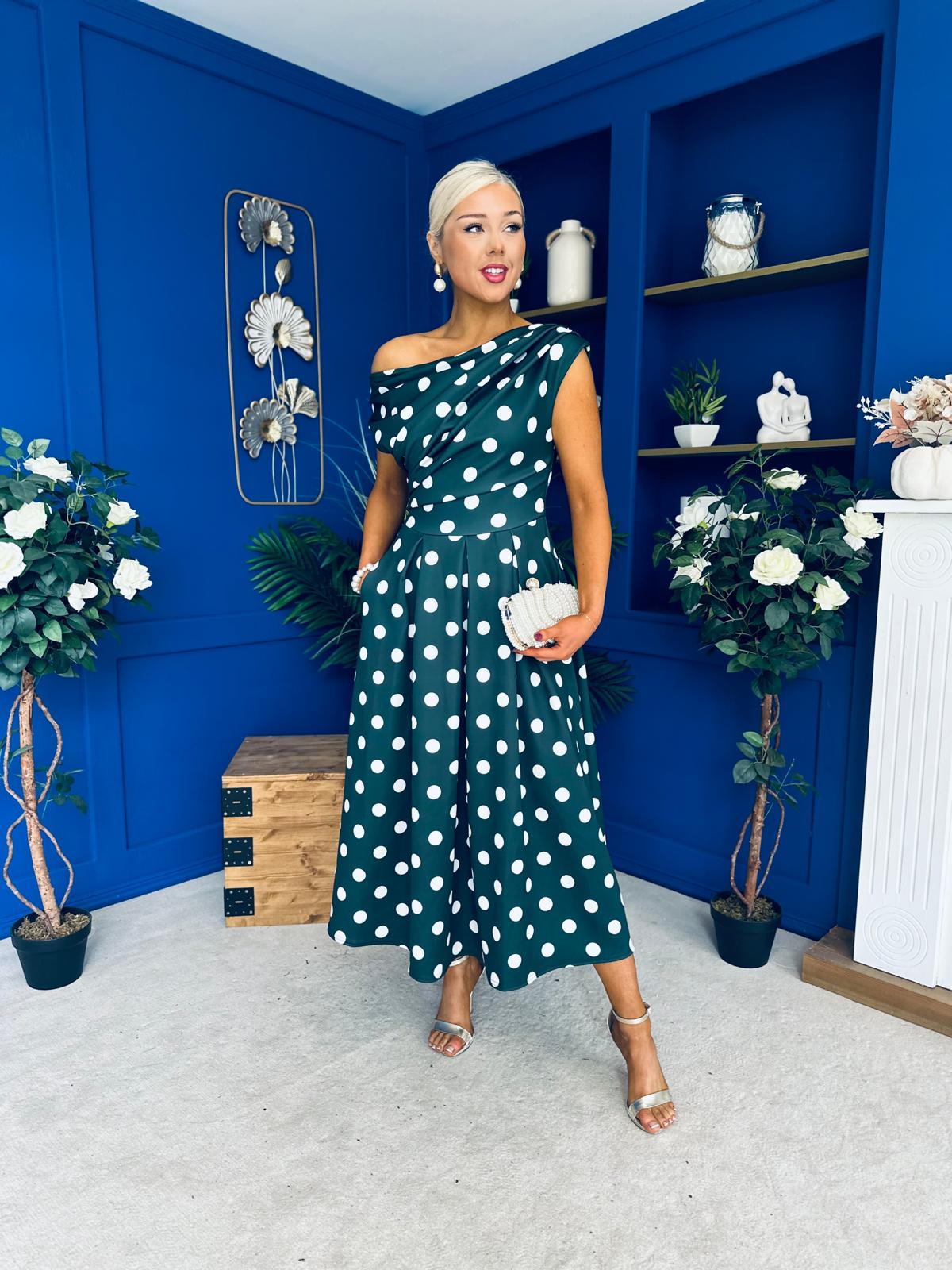 Breffy Asymmetric Neckline Skater Midi Forest Polka