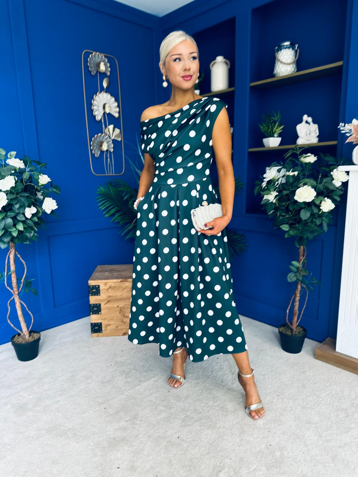 Breffy Asymmetric Neckline Skater Midi Forest Polka