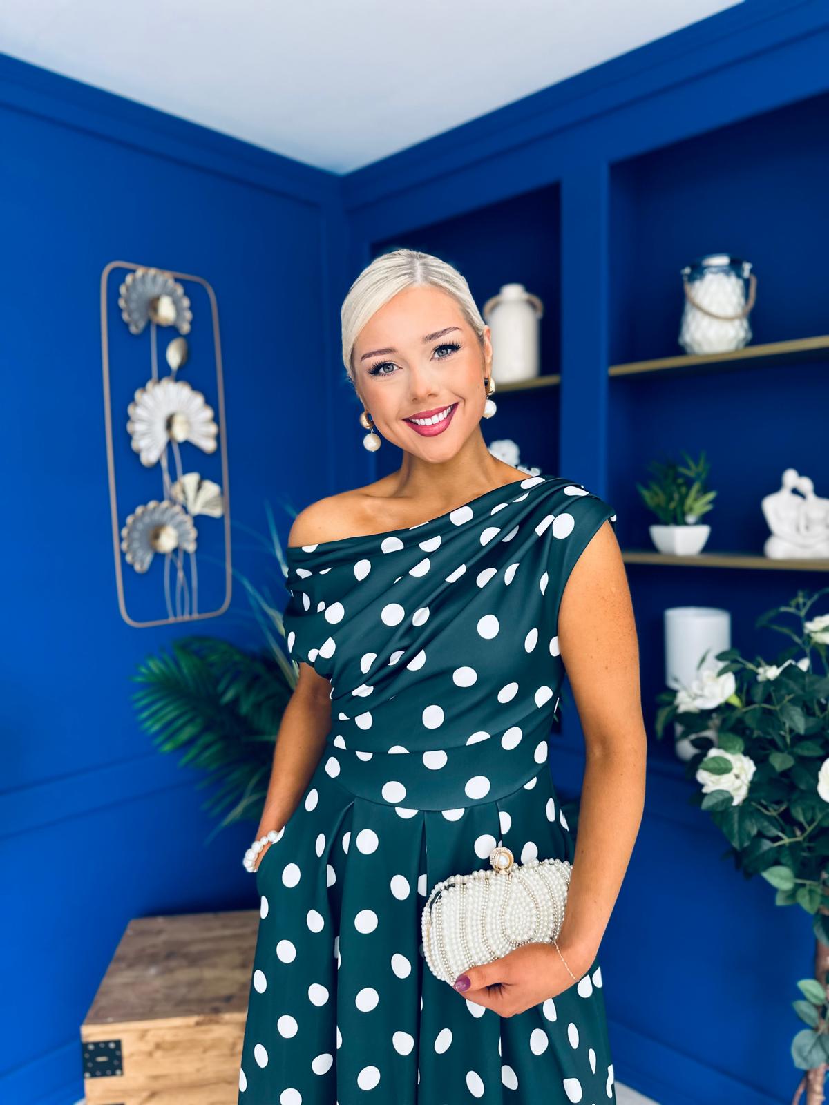 Breffy Asymmetric Neckline Skater Midi Forest Polka