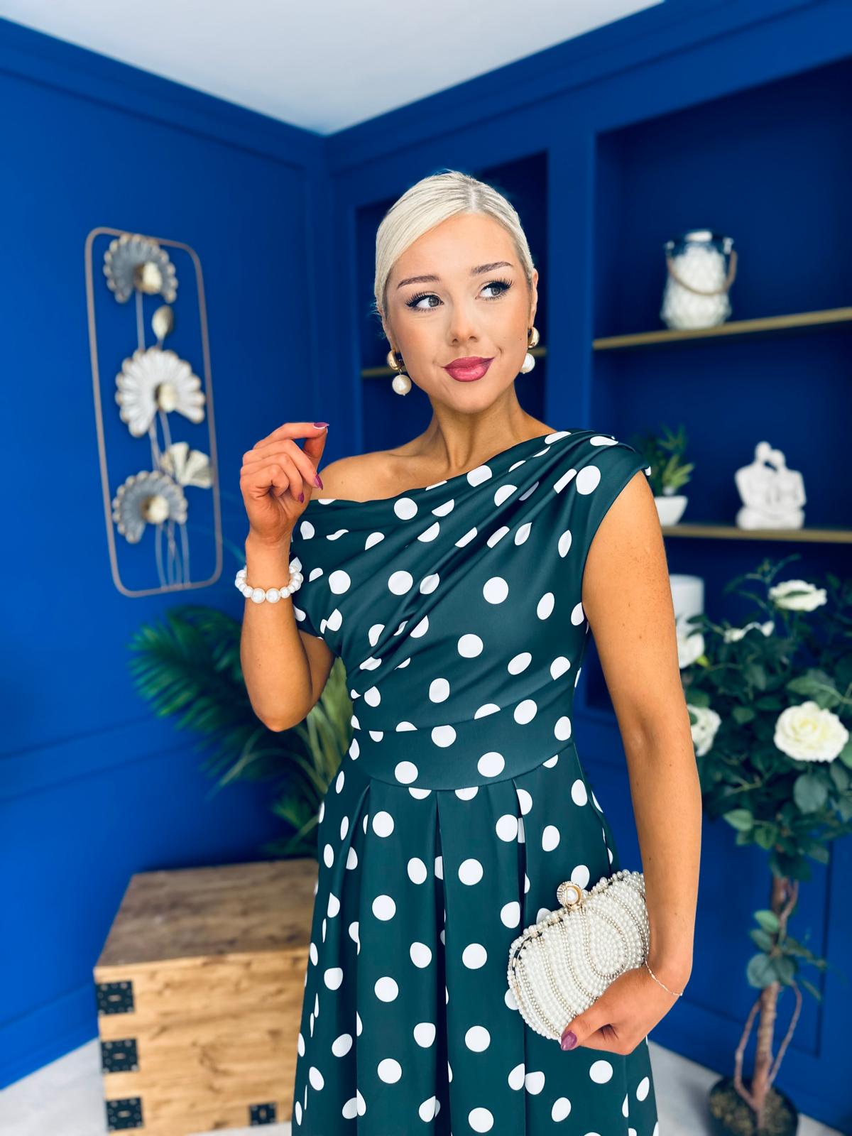 Breffy Asymmetric Neckline Skater Midi Forest Polka