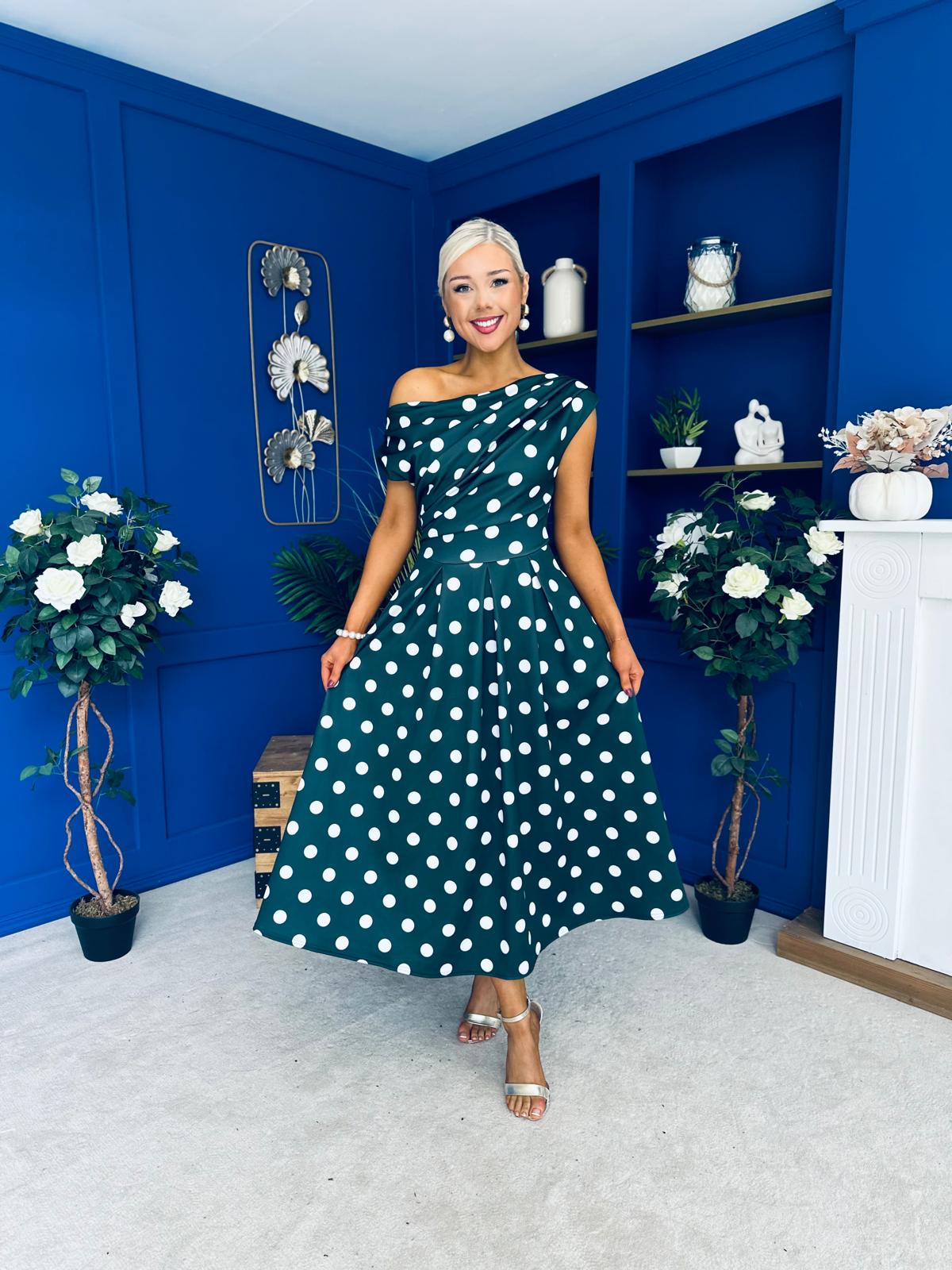 Breffy Asymmetric Neckline Skater Midi Forest Polka