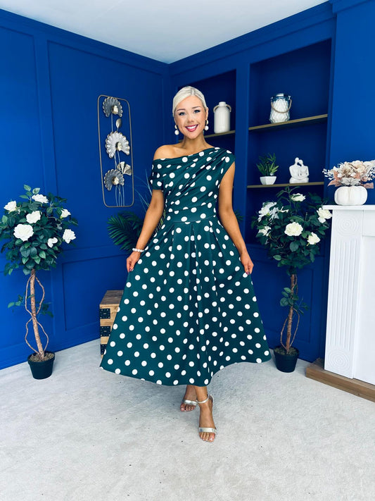 Breffy Asymmetric Neckline Skater Midi Forest Polka