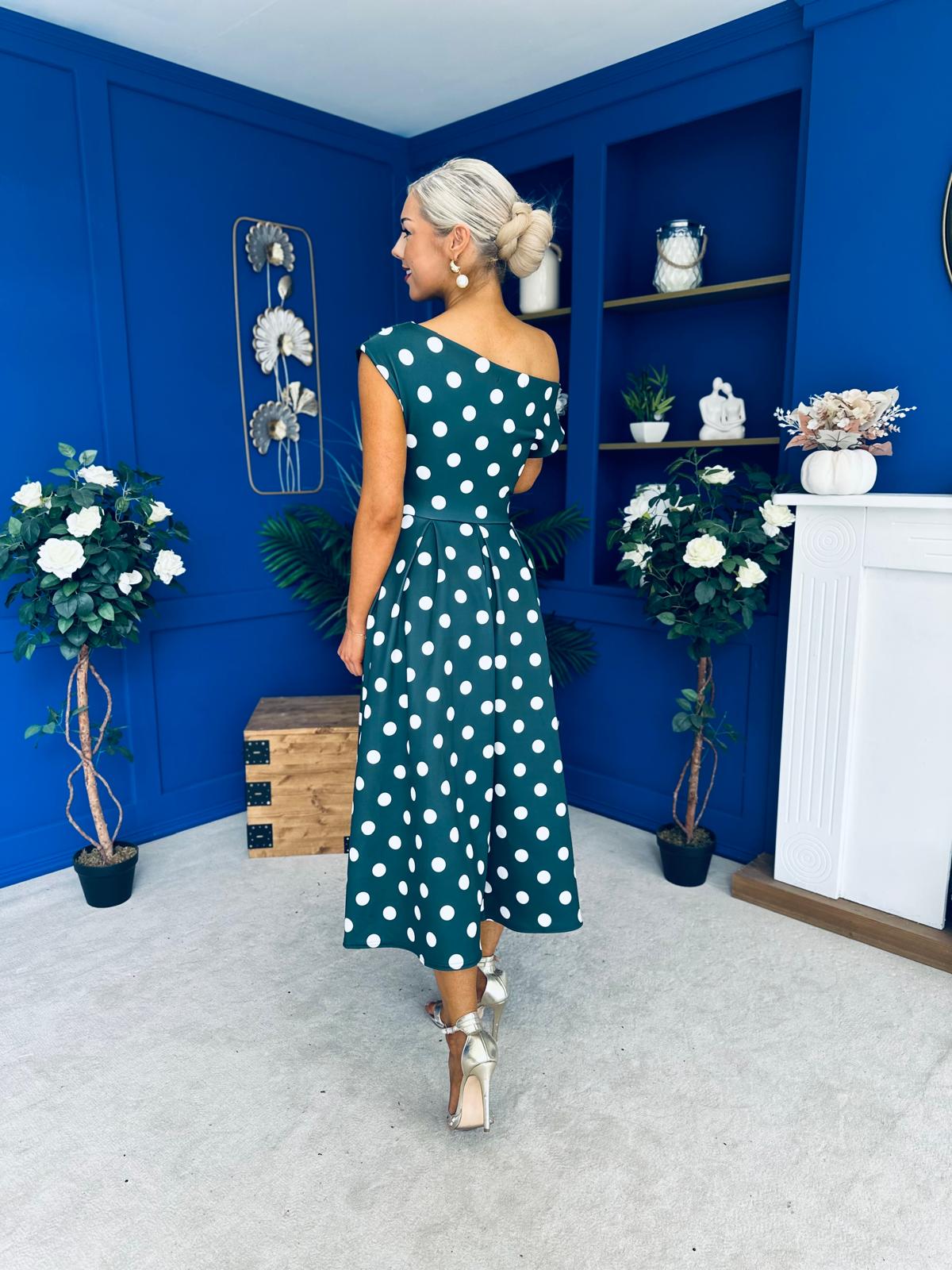 Breffy Asymmetric Neckline Skater Midi Forest Polka