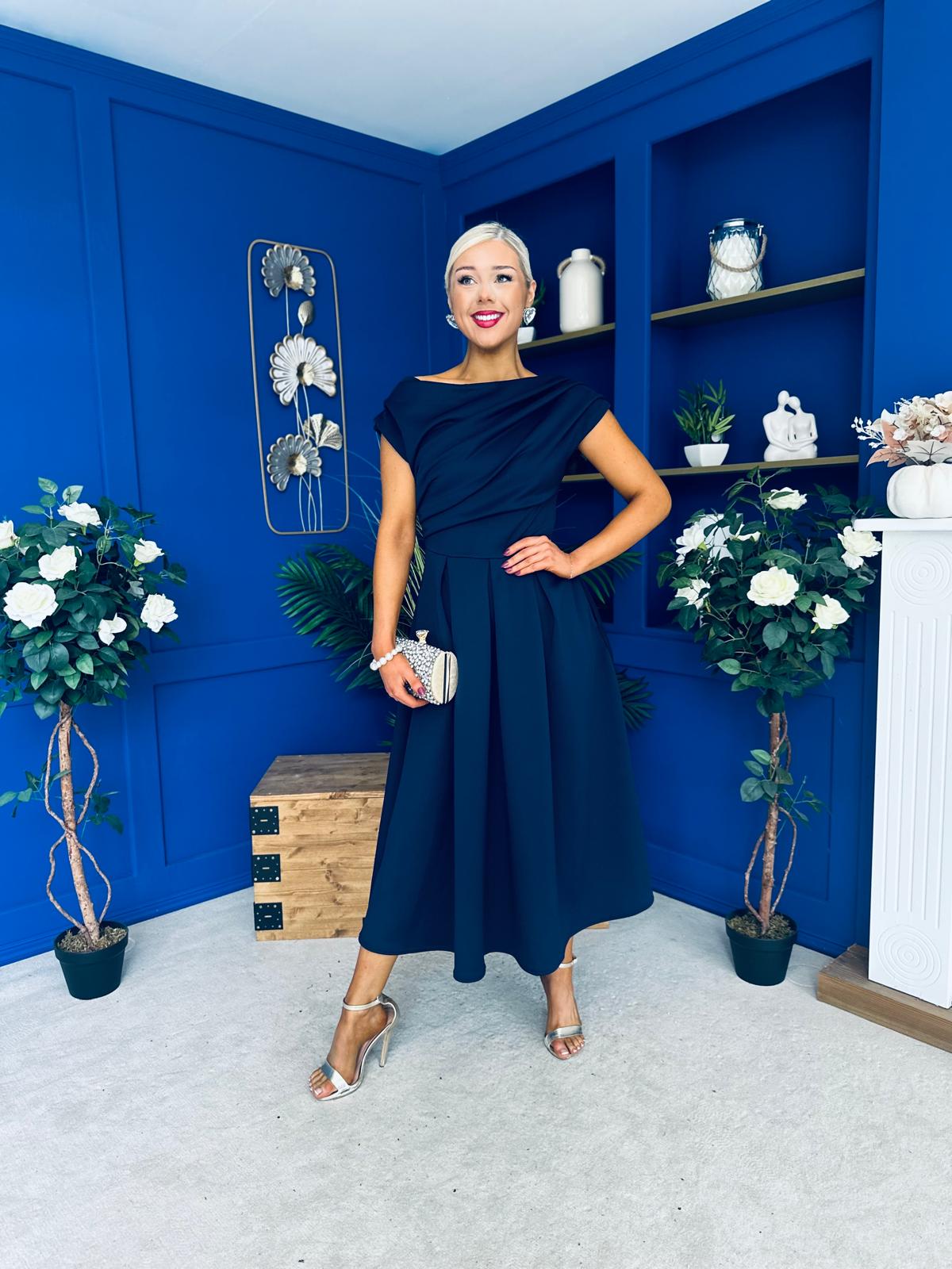 Breffy Asymmetric Neckline Skater Midi Navy PRE ORDER Arriving 3 Oct