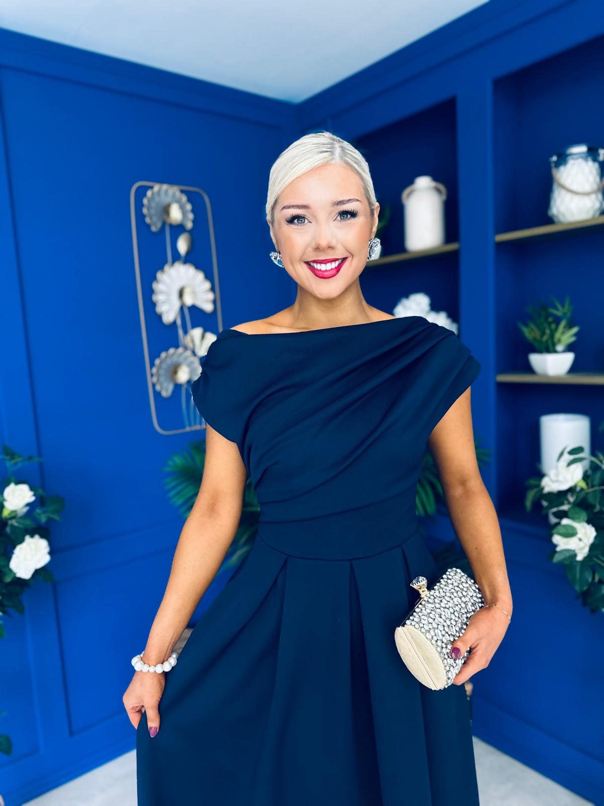 Breffy Asymmetric Neckline Skater Midi Navy PRE ORDER Arriving 3 Oct