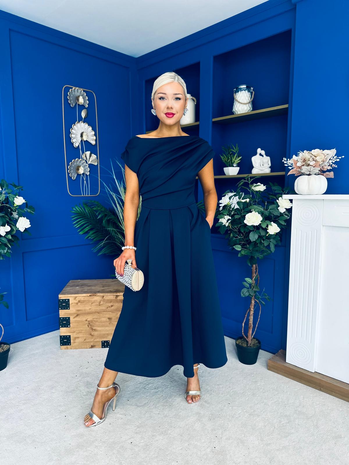 Breffy Asymmetric Neckline Skater Midi Navy PRE ORDER Arriving 3 Oct