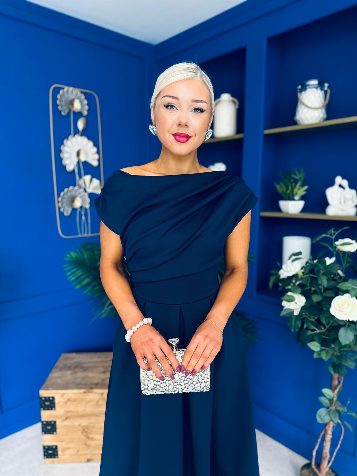 Breffy Asymmetric Neckline Skater Midi Navy PRE ORDER Arriving 3 Oct