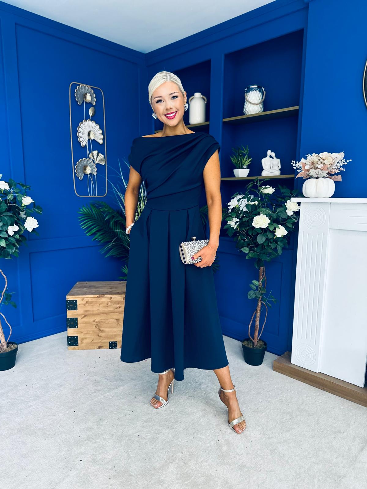 Breffy Asymmetric Neckline Skater Midi Navy PRE ORDER Arriving 3 Oct
