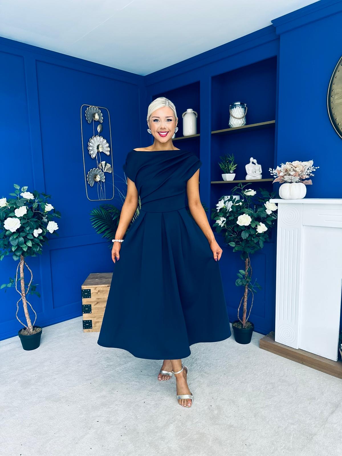 Breffy Asymmetric Neckline Skater Midi Navy PRE ORDER Arriving 3 Oct