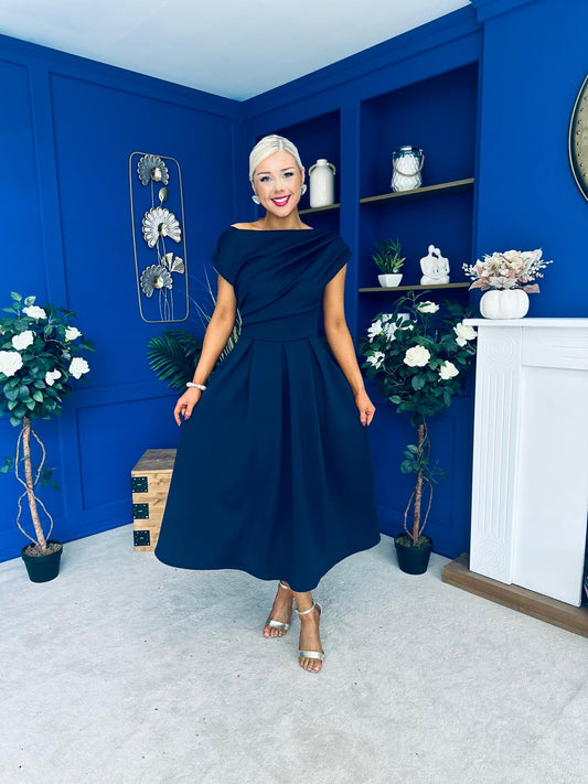 Breffy Asymmetric Neckline Skater Midi Navy PRE ORDER Arriving 3 Oct