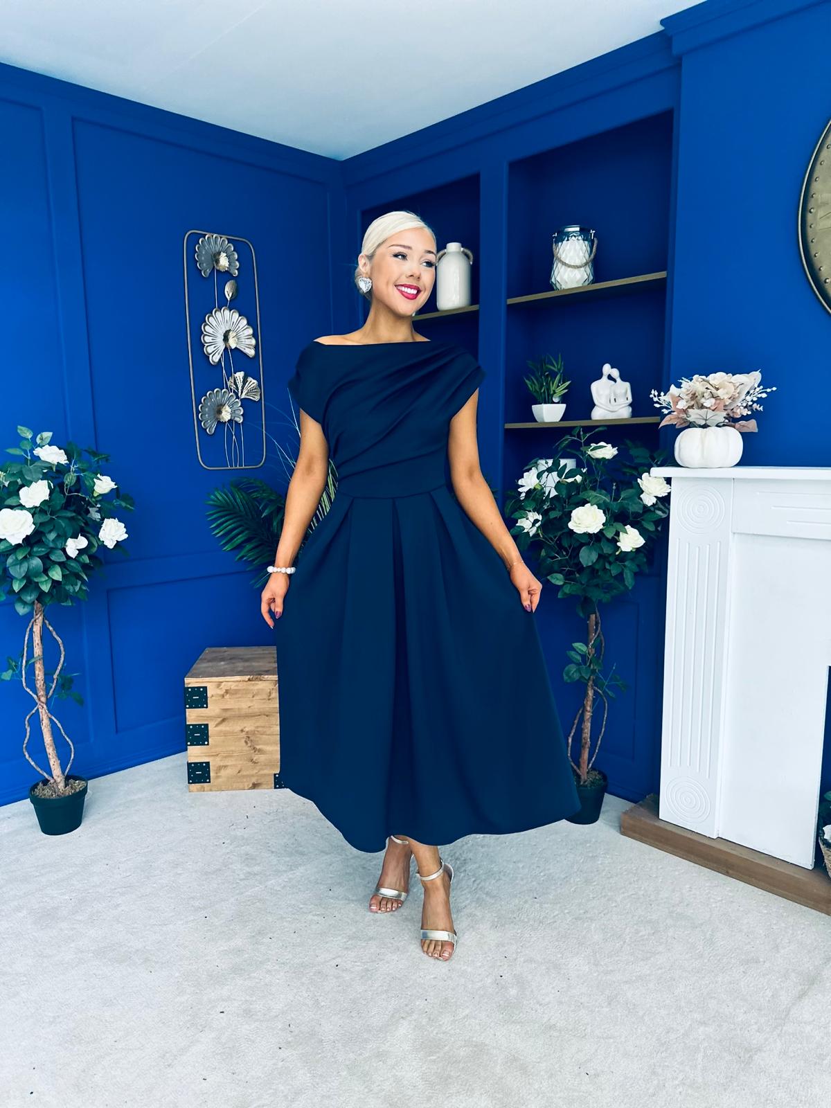 Breffy Asymmetric Neckline Skater Midi Navy PRE ORDER Arriving 3 Oct