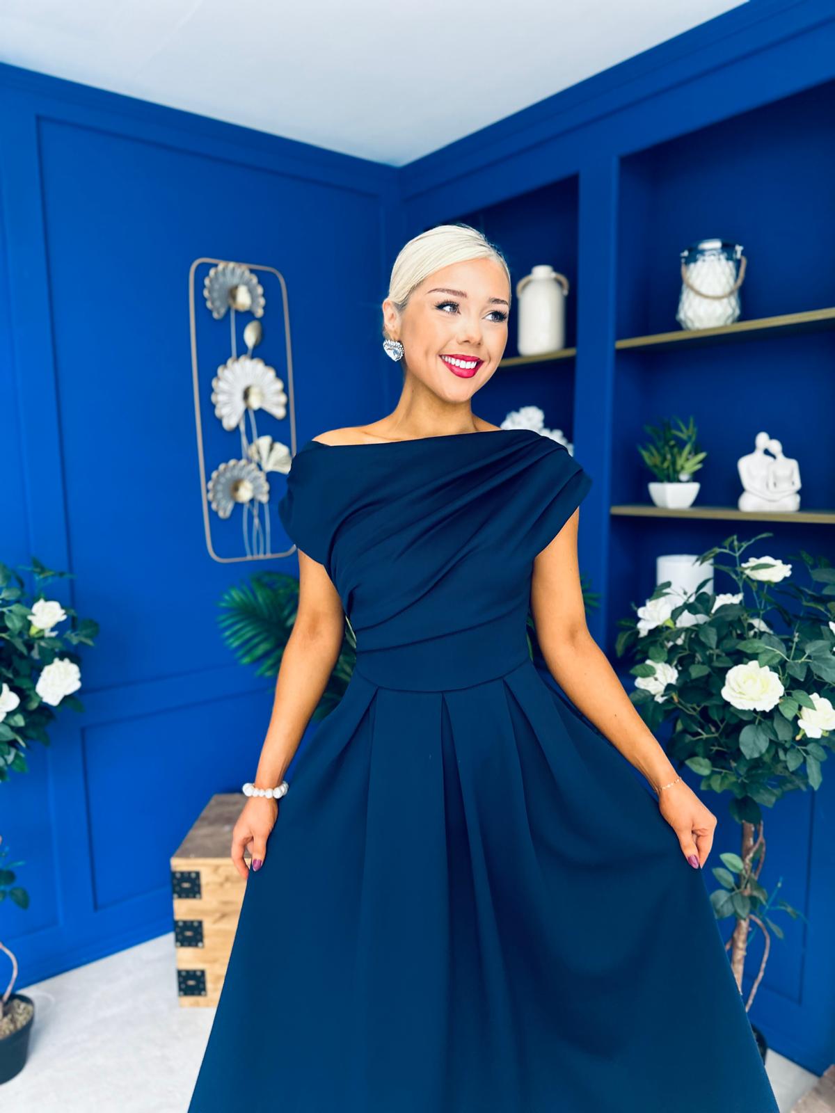 Breffy Asymmetric Neckline Skater Midi Navy PRE ORDER Arriving 3 Oct