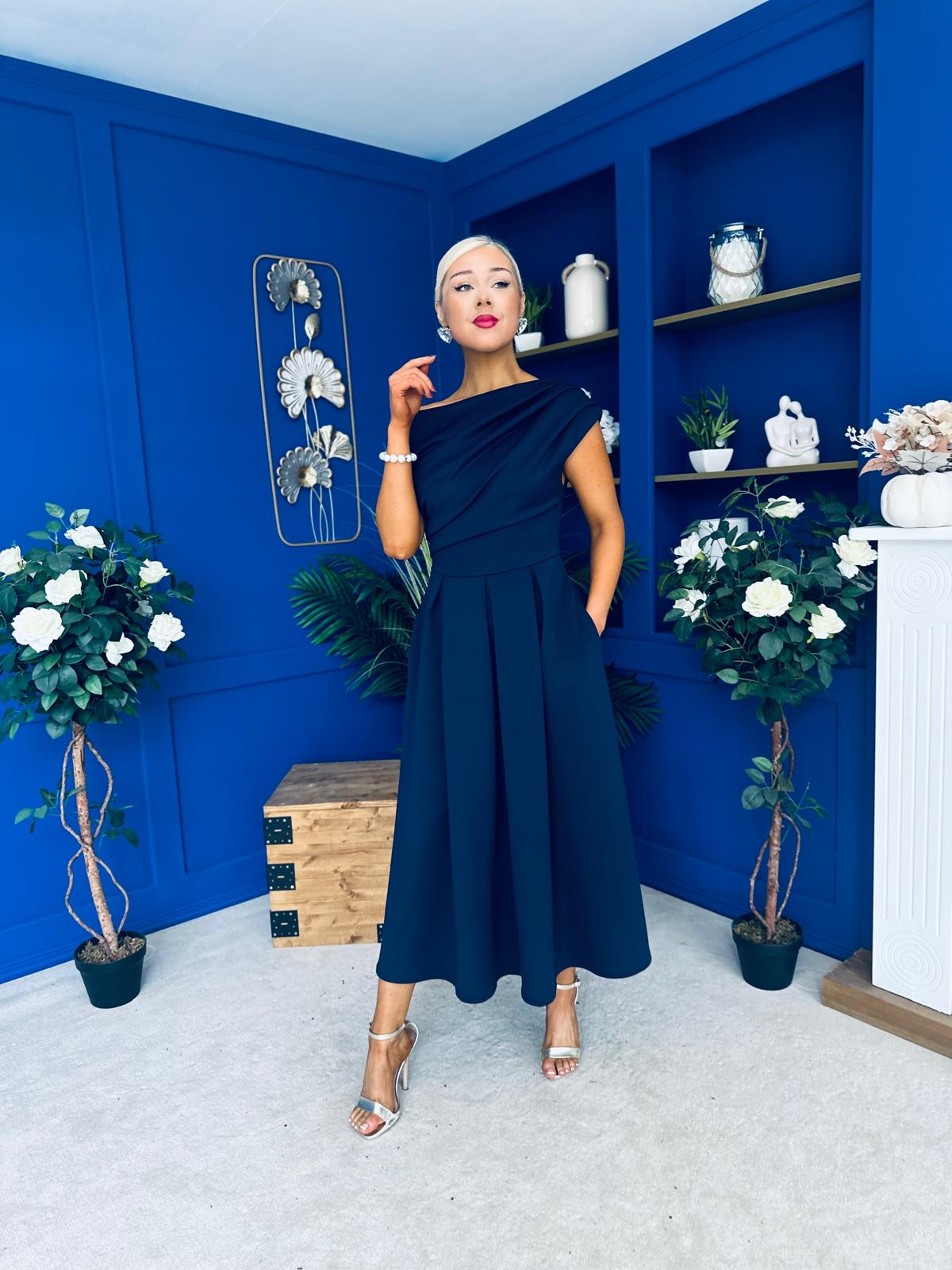 Breffy Asymmetric Neckline Skater Midi Navy PRE ORDER Arriving 3 Oct