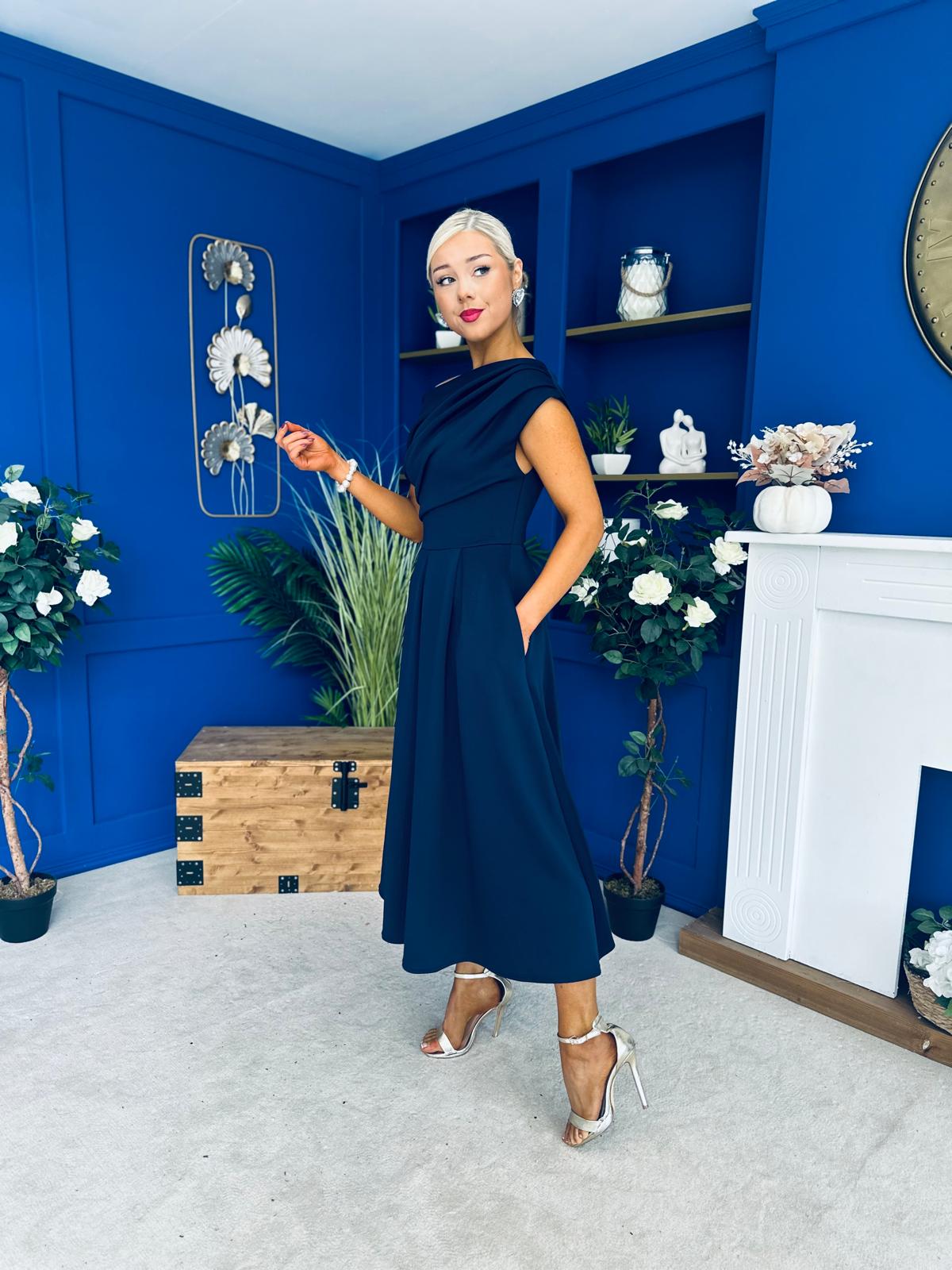 Breffy Asymmetric Neckline Skater Midi Navy PRE ORDER Arriving 3 Oct