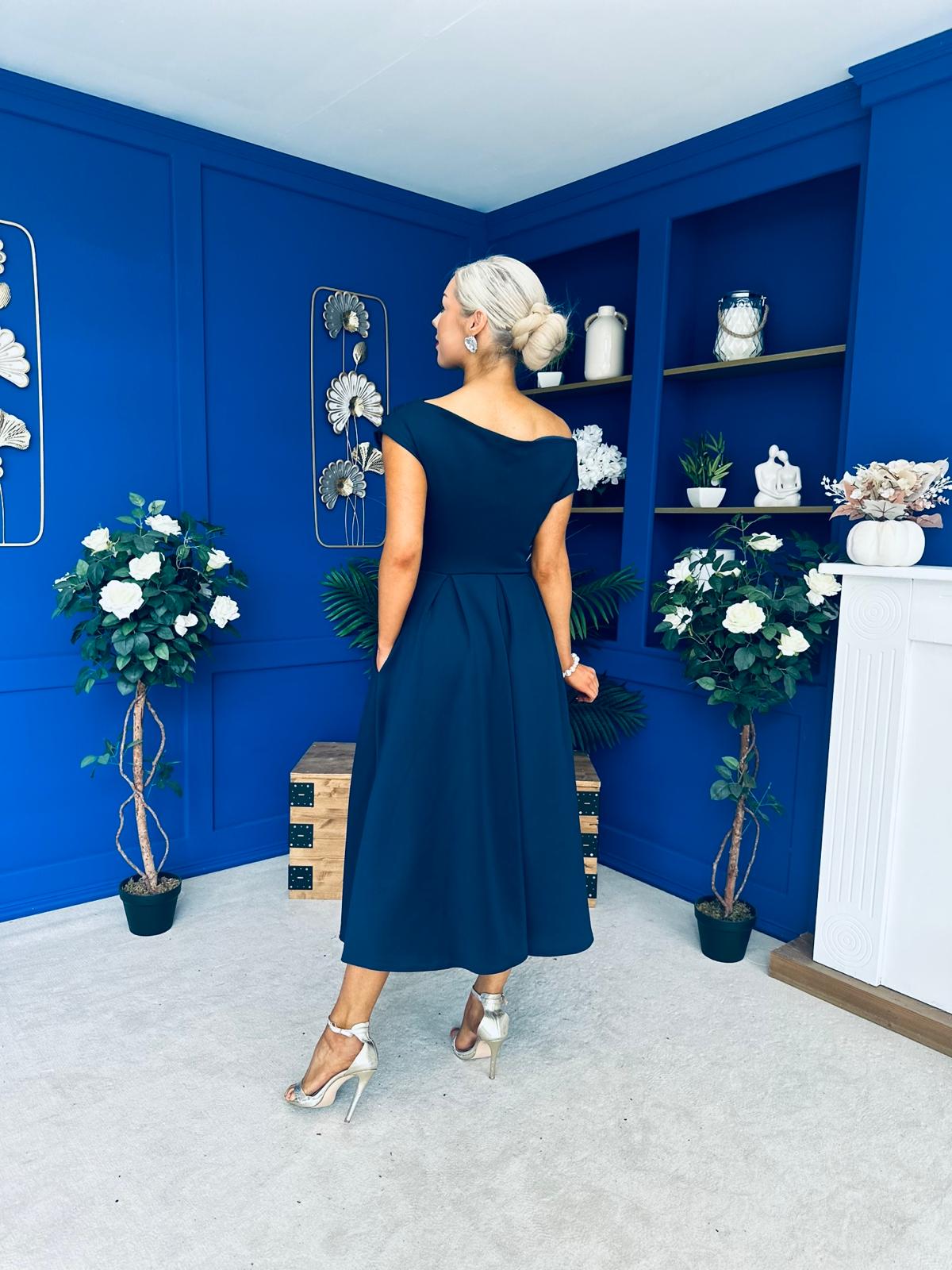 Breffy Asymmetric Neckline Skater Midi Navy PRE ORDER Arriving 3 Oct