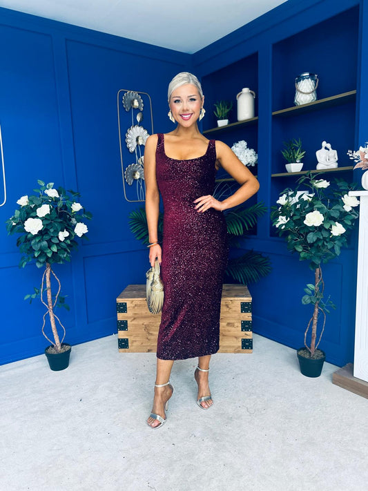Mabel Sequin Occasion Dress Burgundy