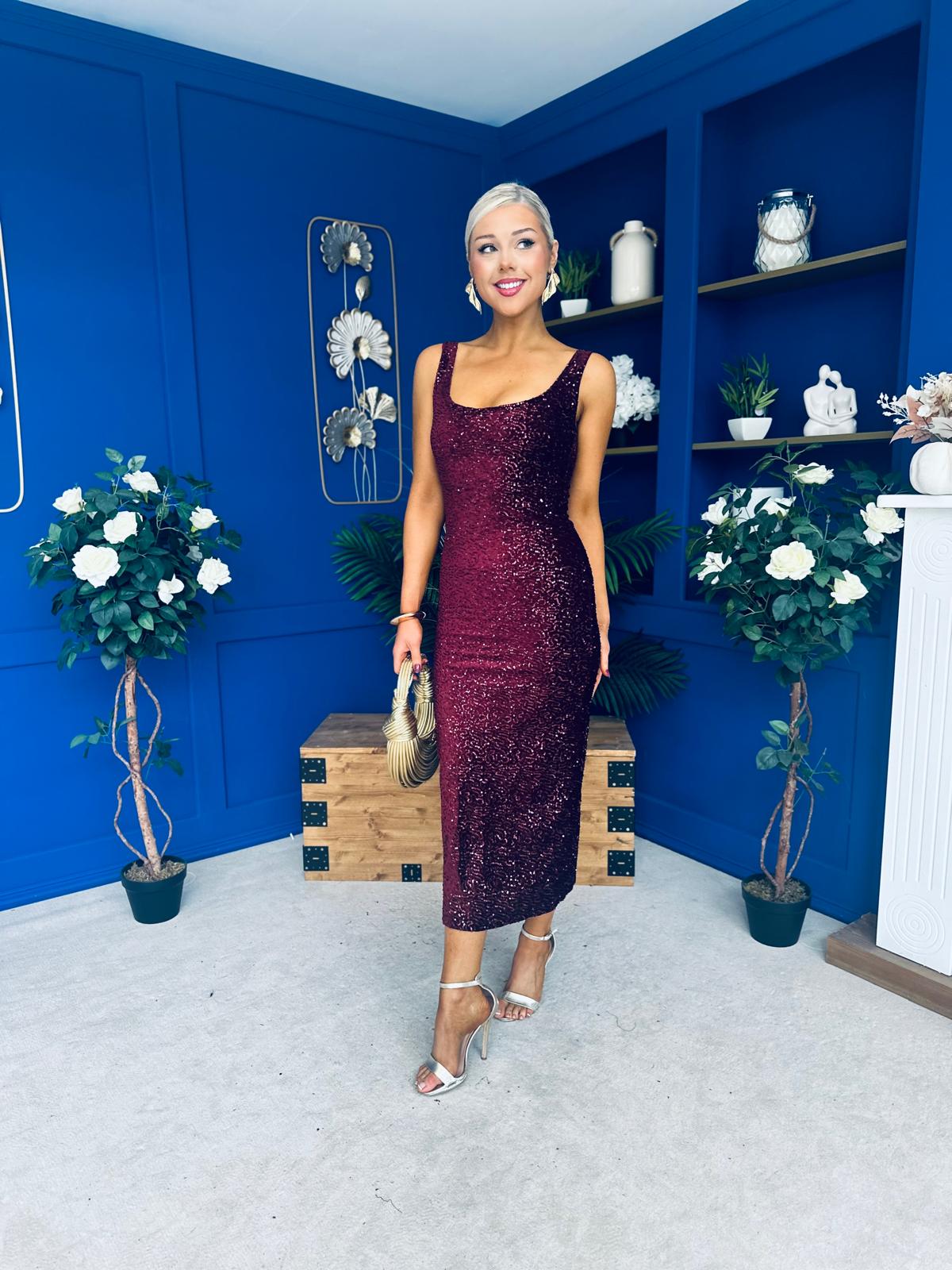 Mabel Sequin Occasion Dress Burgundy