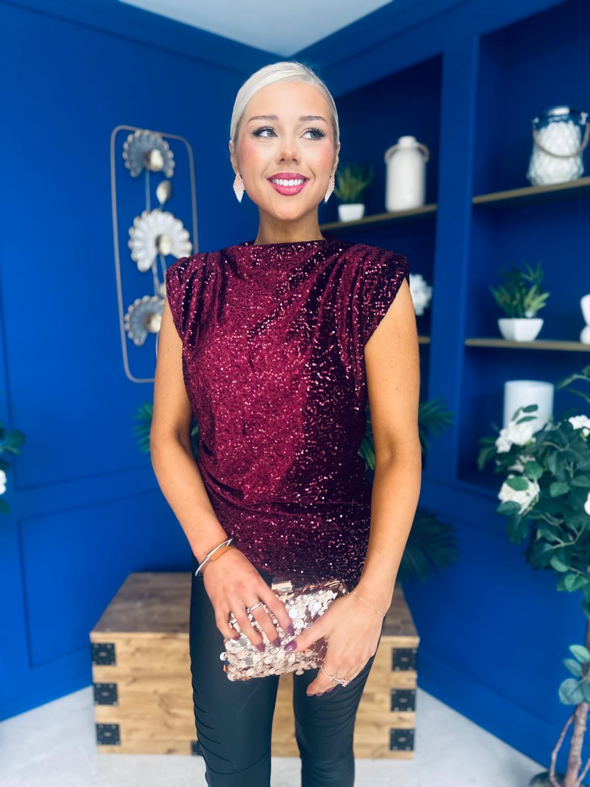 Yvette Detailed Sequin Longline Top Burgundy
