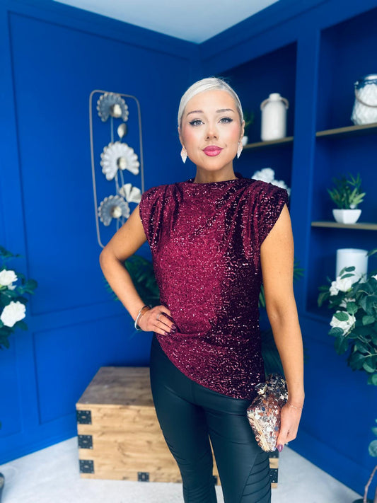 Yvette Detailed Sequin Longline Top Burgundy