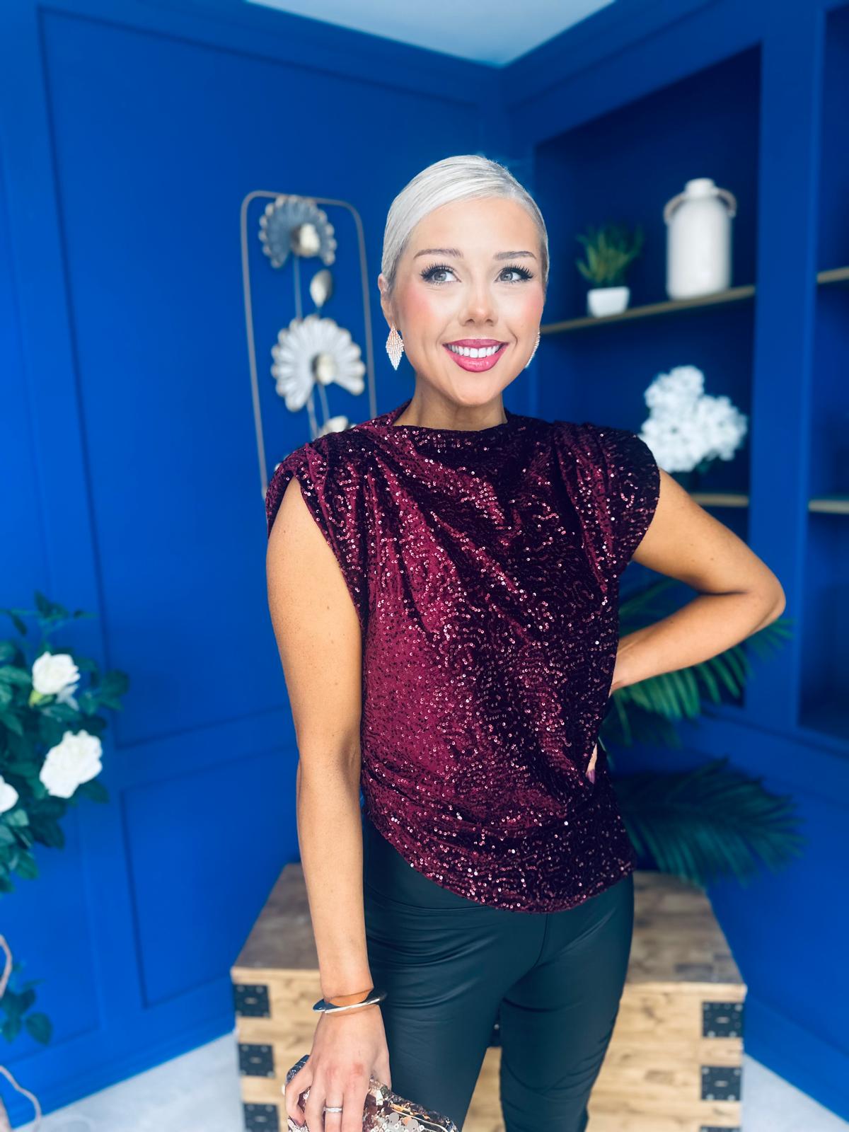 Yvette Detailed Sequin Longline Top Burgundy
