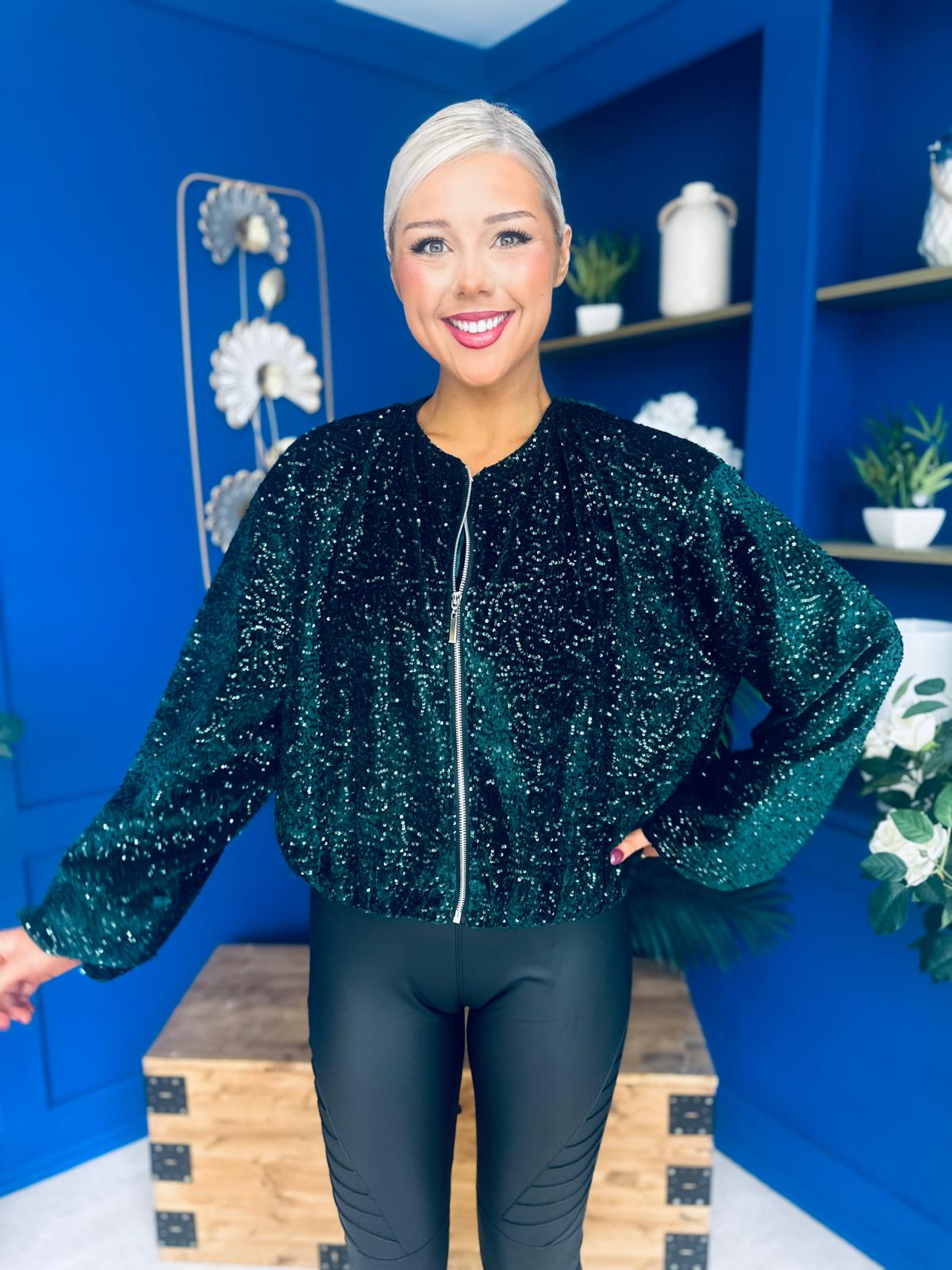 Cody Sequin Bomber Jacket Forest