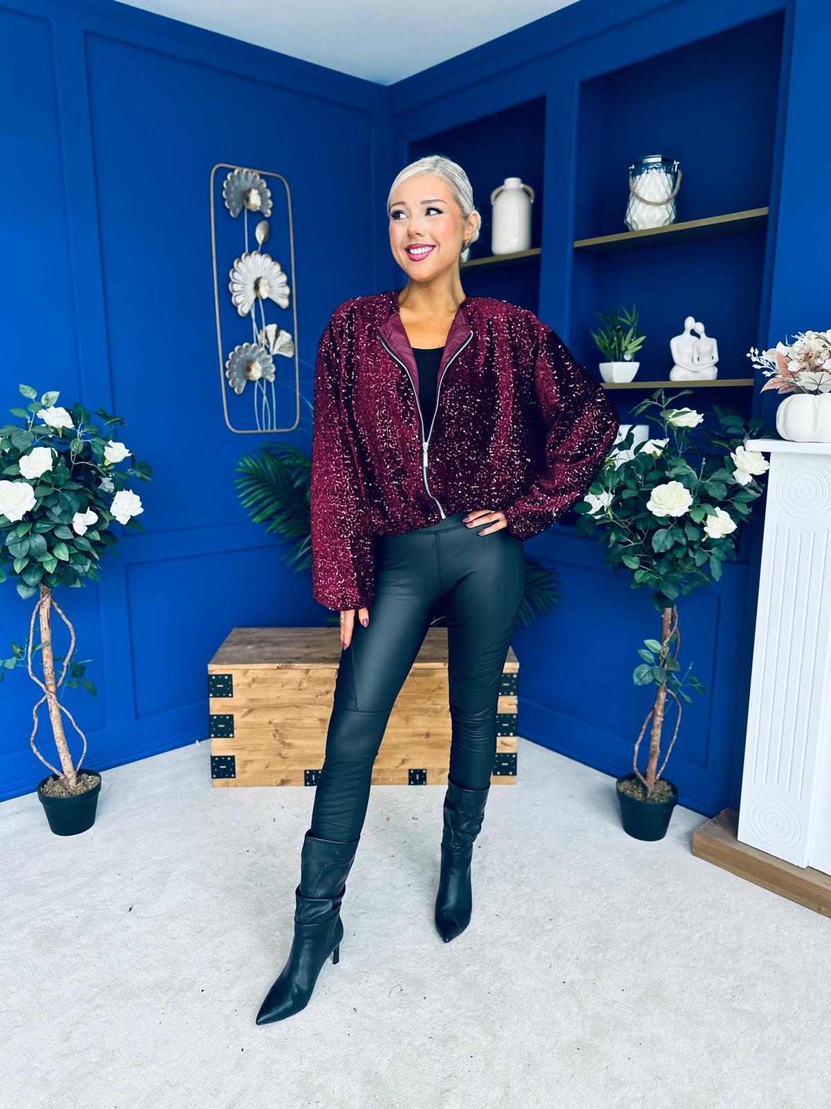 Cody Sequin Bomber Jacket Burgundy