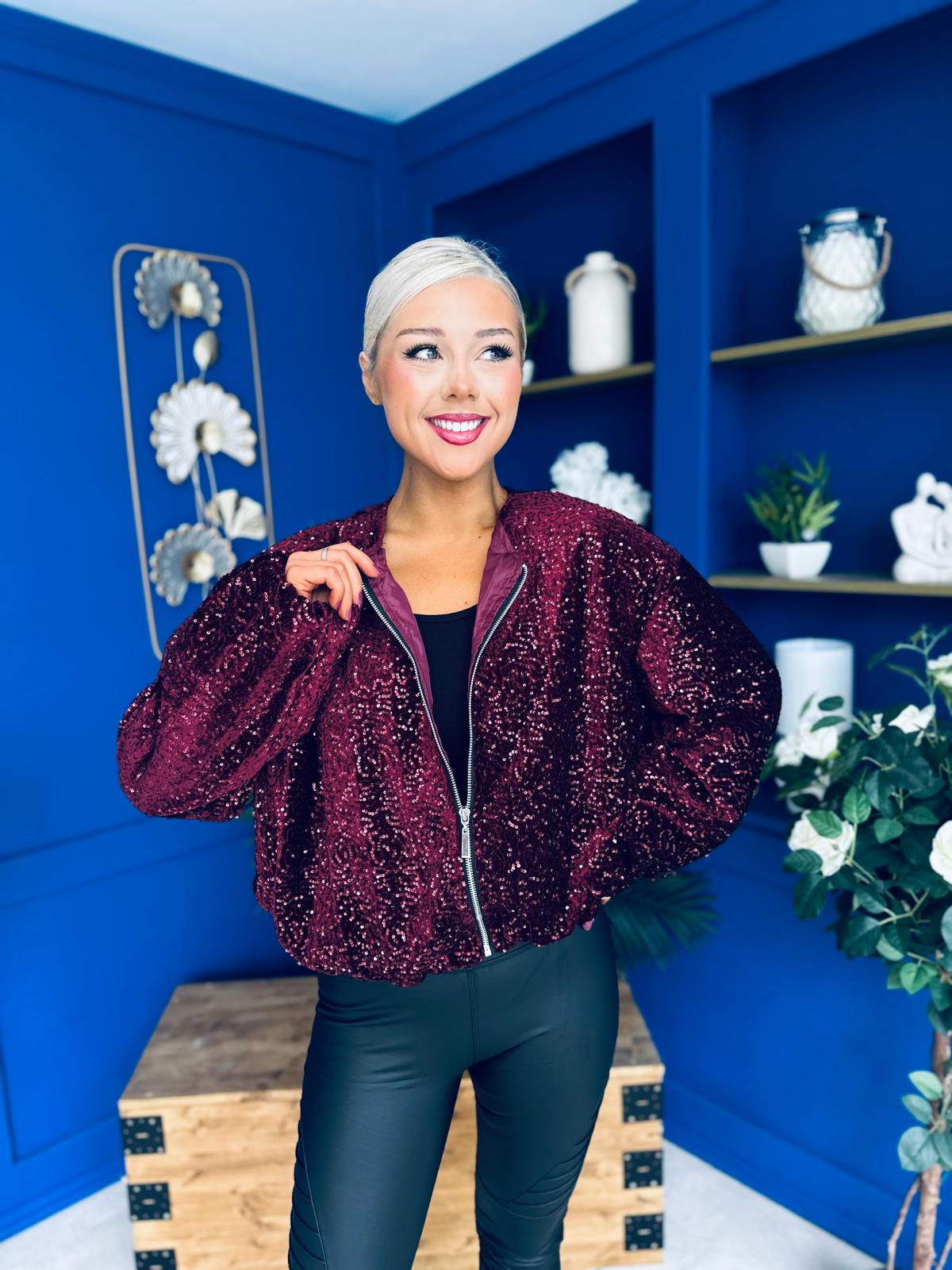 Cody Sequin Bomber Jacket Burgundy