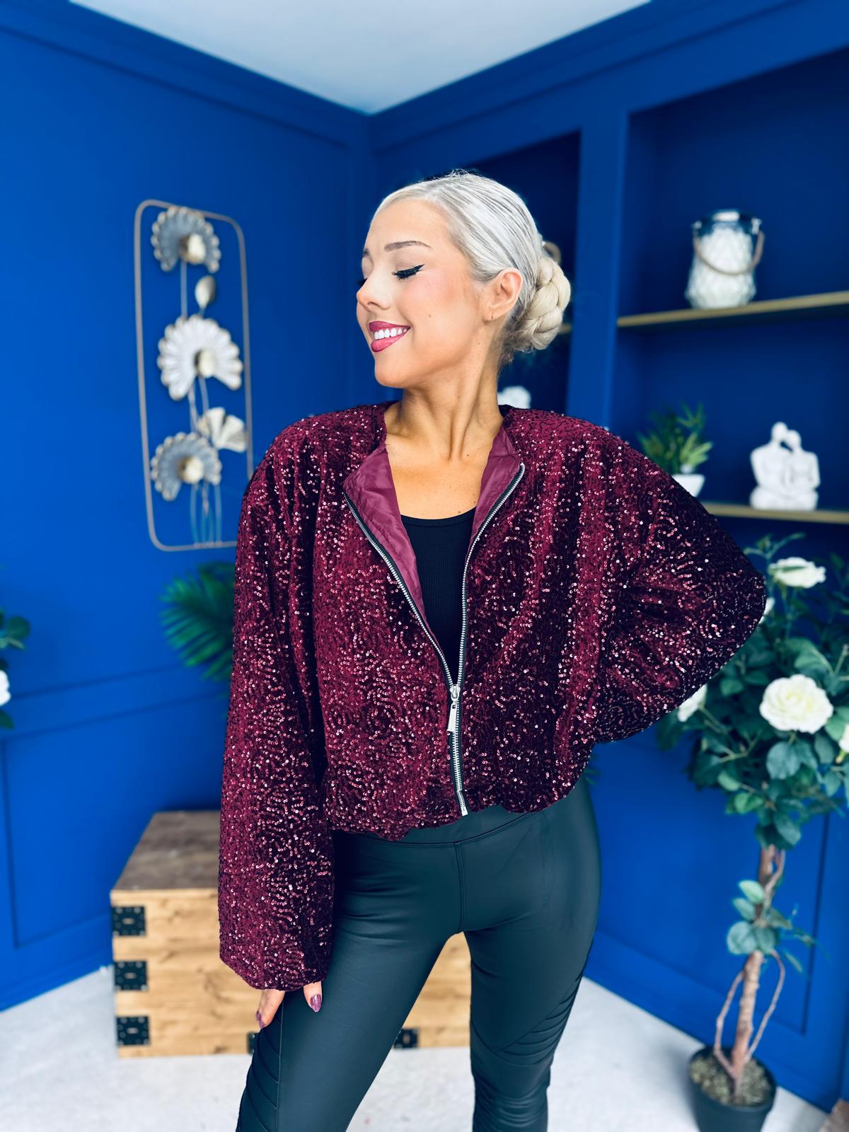 Cody Sequin Bomber Jacket Burgundy