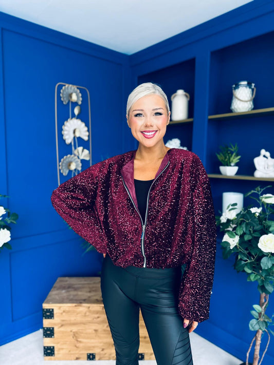 Cody Sequin Bomber Jacket Burgundy