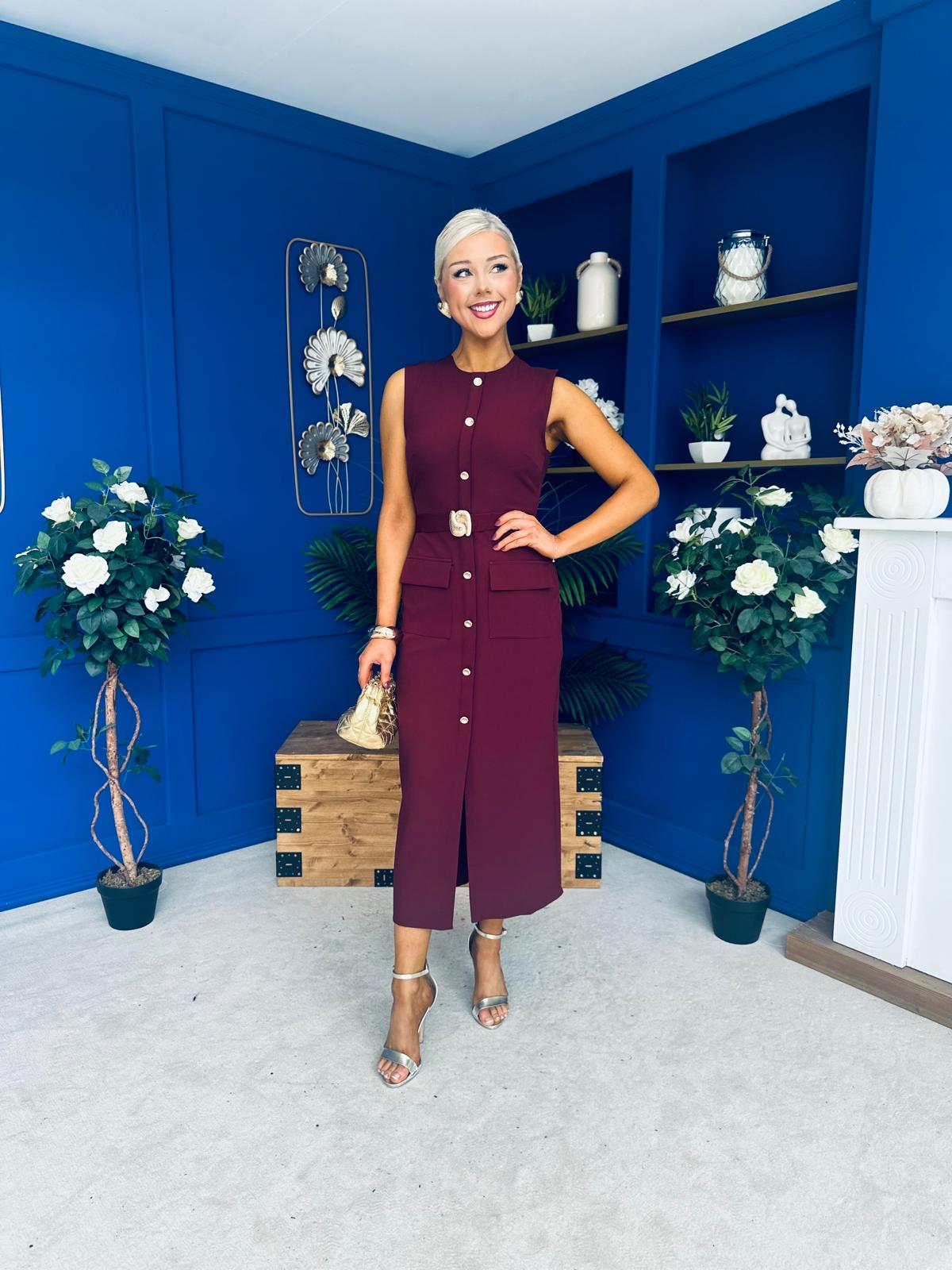 Sally Button Detail Midi Dress Burgundy