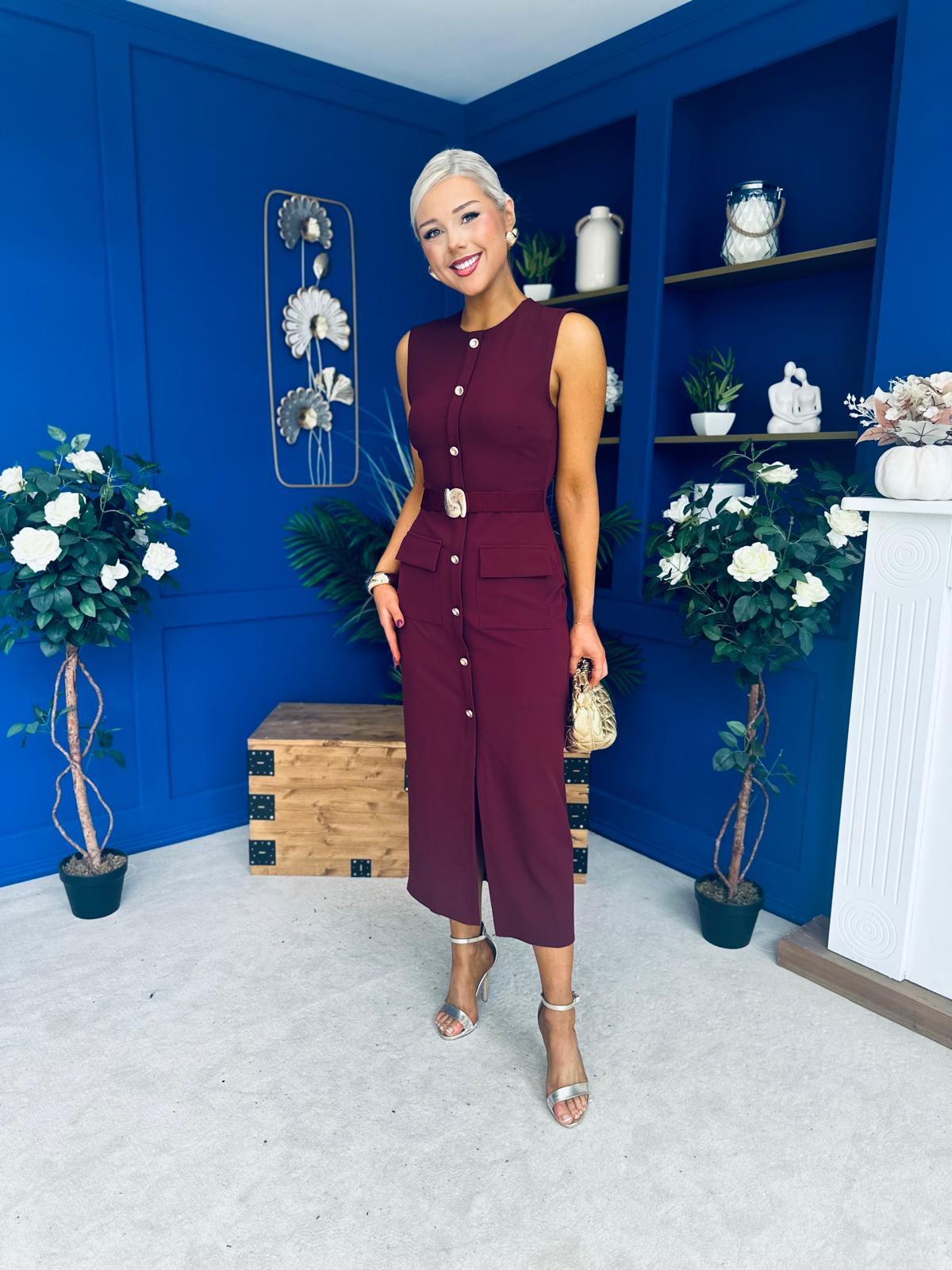 Sally Button Detail Midi Dress Burgundy