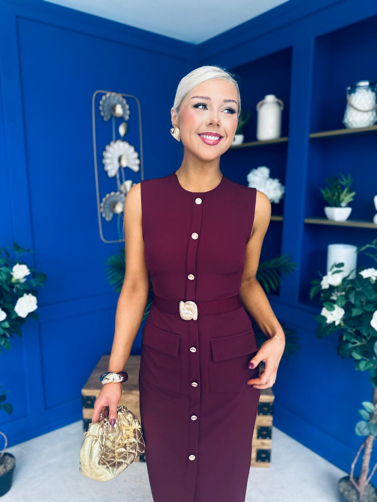 Sally Button Detail Midi Dress Burgundy