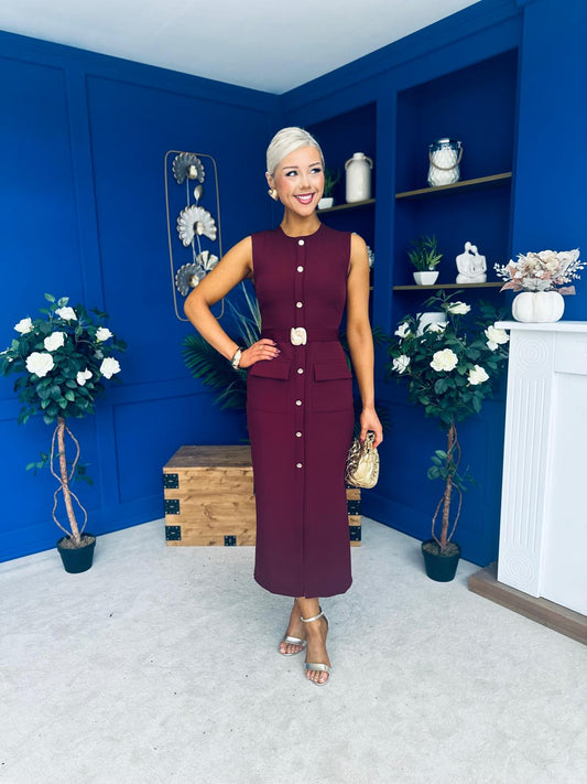 Sally Button Detail Midi Dress Burgundy