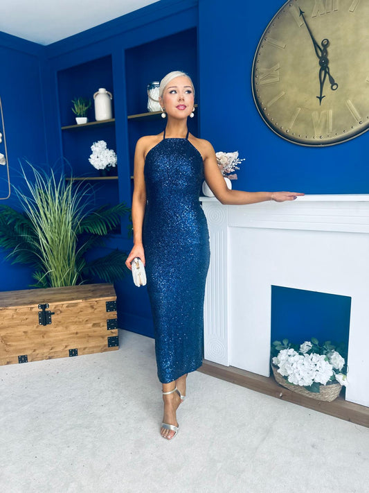 Aifric Sequin Slinky Dress Navy